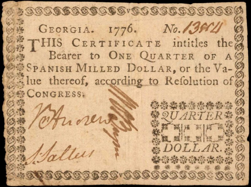 GA-69. Georgia. 1776. $1/4. Very Fine.

Bright paper and dark signatures remai...