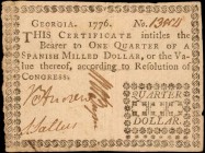 GA-69. Georgia. 1776. $1/4. Very Fine.

Bright paper and dark signatures remain attractive on this Revolutionary War era note. Internal tears & pinh...