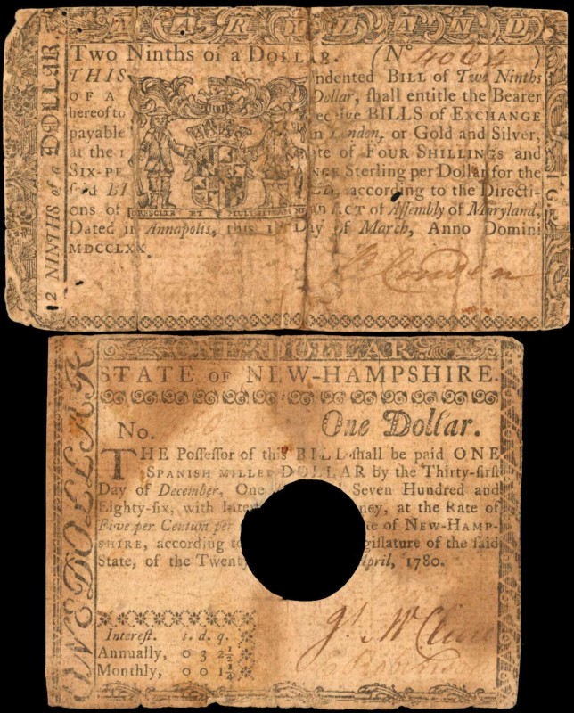 Lot of (2). MD-51 & NH-179. Maryland & New Hampshire. 1770 & 1780. $2/9 & $1. Ve...