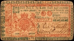 NJ-169. New Jersey. April 16, 1764. 6 Pounds. Very Fine.

An intricate design stands out on this New Jersey 6 Pound note which displays still bold s...