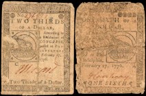 Lot of (2) CC-19 & CC-22. Continental Currency. February 17, 1776. $2/3 & $1/6. Good & Very Fine.

A duo of "Fugio" continental currency notes. The ...