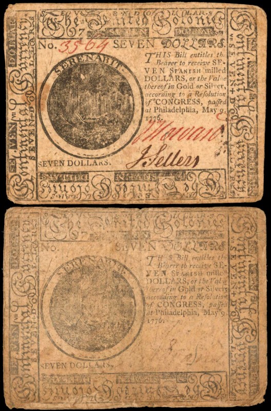 Lot of (2) CC-37. Continental Currency. May 9, 1776. $7. Very Good & Very Fine....