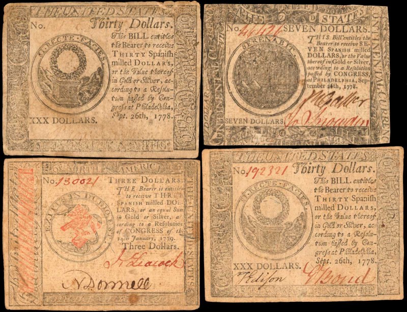 Lot of (4). CC-80, 83 & 89. Continental Currency. 1778 & 1779. $3, $7 & $30. Fin...