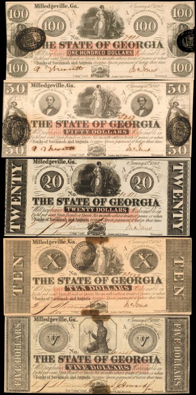 Lot of (5). Milledgeville, Georgia. State of Georgia. 1862 $5, $10, $20, $50 & $...