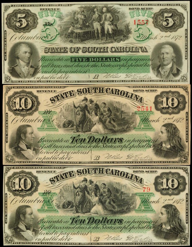 Lot of (3) Columbia, South Carolina. State of South Carolina. 1872 $5 & $10. Abo...