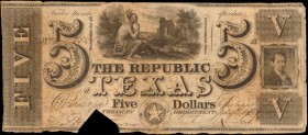 Austin, Texas. Republic of Texas. 1839 $5. Fine.

TC C-A4. Cancelled with piece missing & hammer cut cancelled. Indian warrior at top with portrait ...