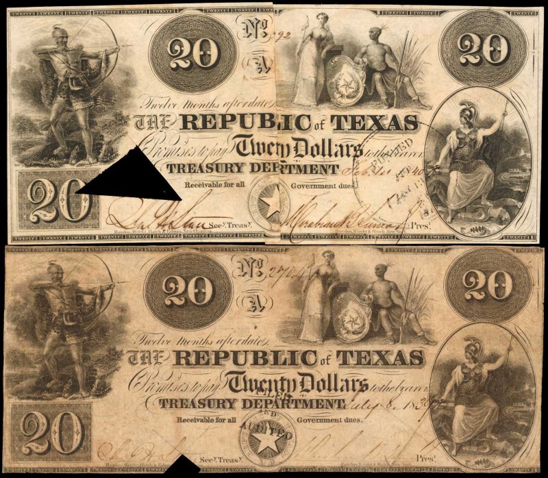 Lot of (2) Austin, Texas. Republic of Texas. 1839-49 $20. Good to Very Fine.

...