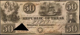 Austin, Texas. Republic of Texas. 1846 $50. About Uncirculated.

TX C-A7. Cutout cancelled with stamp cancellation. Allegorical figure at top left, ...