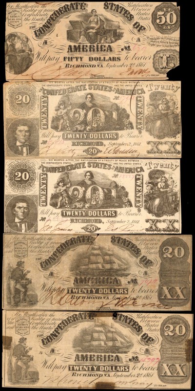 Lot of (10). T-14, 18, 20, 28 & 30. Confederate Currency. 1861 $10, $20 & $50.
...