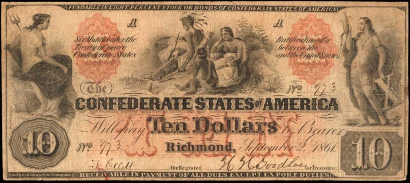 T-22. Confederate Currency. 1861 $10. Fine.

A Fine example of this Confederat...