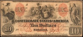 T-22. Confederate Currency. 1861 $10. Fine.

A Fine example of this Confederate $10 which displays still attractive signatures. A red smudge is foun...