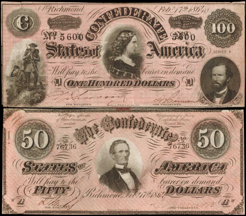 Lot of (2). T-65 & 66. Confederate Currency. 1864 $50 & $100. About Uncirculated...