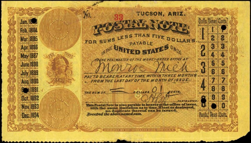 Tuscon, Arizona. United States Postal Note. September 1883. 1 Cent. Very Fine.
...