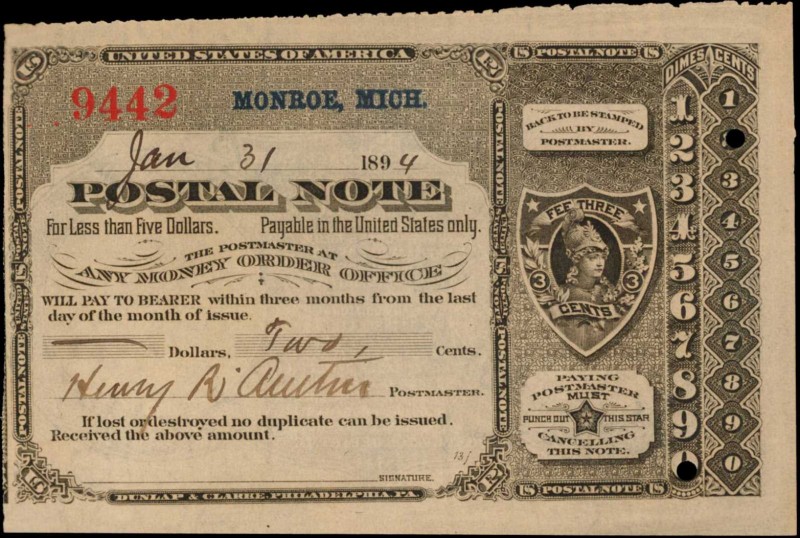 Monroe, Michigan. United States Postal Note. January 31, 1894. 2 Cents. Choice A...