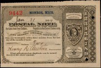 Monroe, Michigan. United States Postal Note. January 31, 1894. 2 Cents. Choice About Uncirculated.

A dark blue design stands out on the reverse of ...