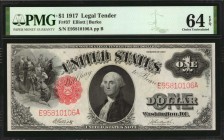 Fr. 37. 1917 $1 Legal Tender Note. PMG Choice Uncirculated 64 EPQ.

A nearly Gem example of this Legal Tender Ace, which is found with fully origina...