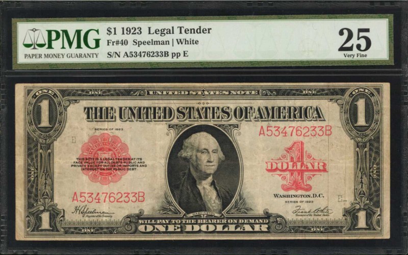 Fr. 40. 1923 $1 Legal Tender Note. PMG Very Fine 25.

Dark red overprints rema...
