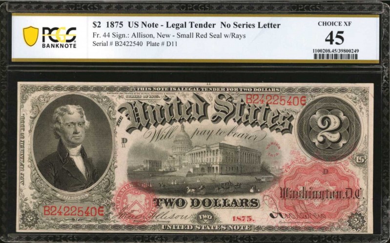 Fr. 44. 1875 $2 Legal Tender Note. PCGS Banknote Choice Extremely Fine 45.

Sm...