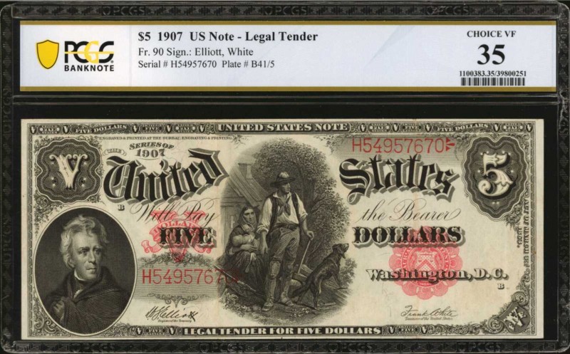 Fr. 90. 1907 $5 Legal Tender Note. PCGS Banknote Choice Very Fine 35.

A mid-g...