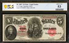 Fr. 91. 1907 $5 Legal Tender Note. PCGS Banknote About Uncirculated 53.

An About Uncirculated example of this popular Wood Chopper Legal Tender Not...