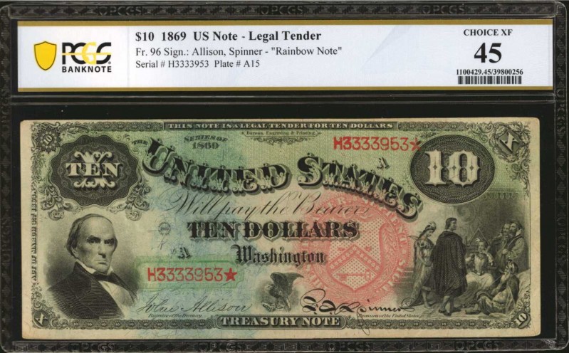 Fr. 96. 1869 $10 Legal Tender Note. PCGS Banknote Choice Extremely Fine 45.

A...