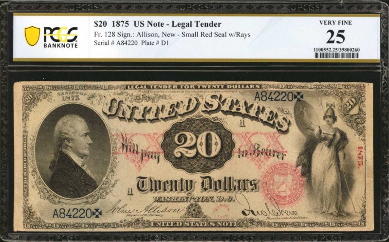 Fr. 128. 1875 $20 Legal Tender Note. PCGS Banknote Very Fine 25.

A stunning n...