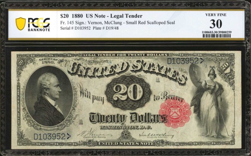Fr. 145. 1880 $20 Legal Tender Note. PCGS Banknote Very Fine 30.

Bright paper...