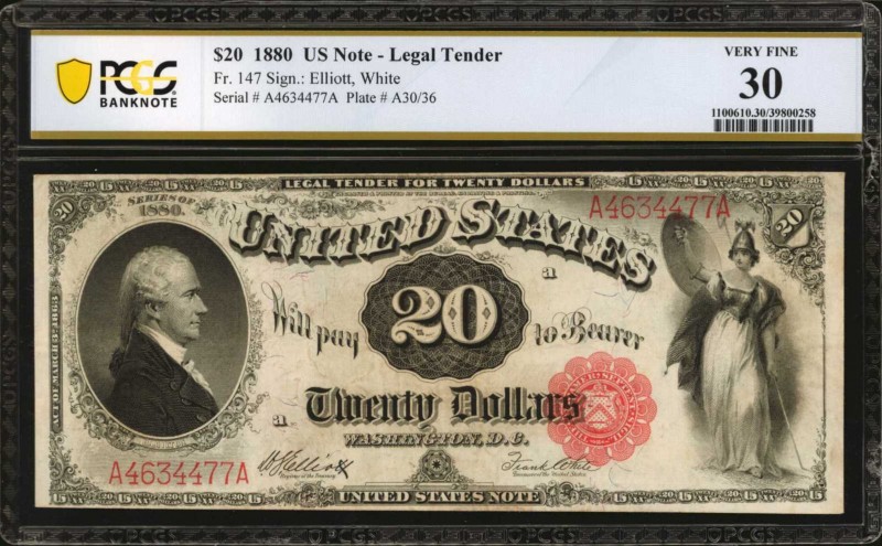 Fr. 147. 1880 $20 Legal Tender Note. PCGS Banknote Very Fine 30.

Strong appea...
