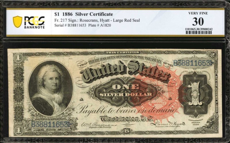 Fr. 217. 1886 $1 Silver Certificate. PCGS Banknote Very Fine 30.

Large red se...