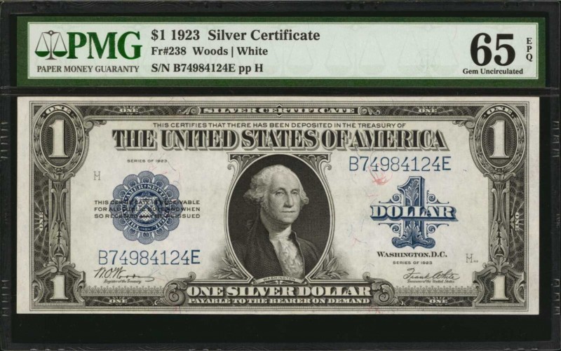 Fr. 238. 1923 $1 Silver Certificate. PMG Gem Uncirculated 65 EPQ.

Dark blue o...