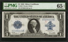 Fr. 238. 1923 $1 Silver Certificate. PMG Gem Uncirculated 65 EPQ.

Dark blue overprints and bright paper stand out on this Gem Silver Certificate.
...