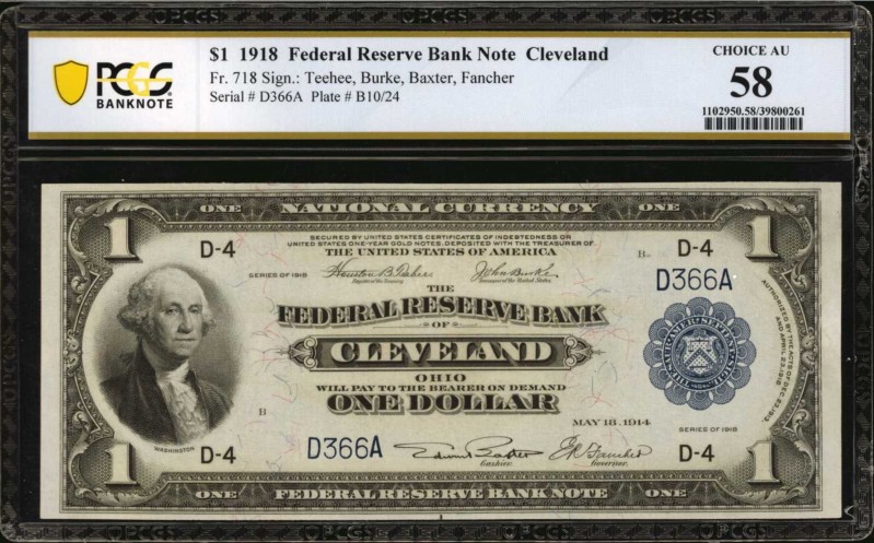 Fr. 718. 1918 $1 Federal Reserve Bank Note. Cleveland. PCGS Banknote Choice Abou...