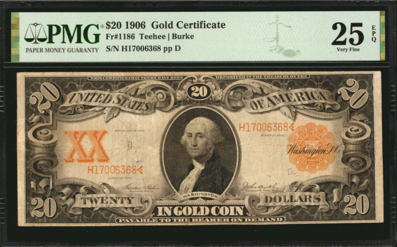 Fr. 1186. 1906 $20 Gold Certificate. PMG Very Fine 25 EPQ.

Honey gold ink sti...