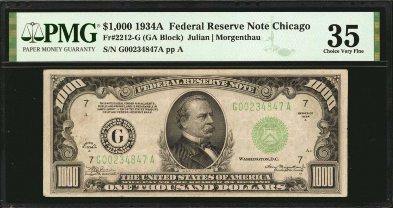 Fr. 2212-G. 1934A $1000 Federal Reserve Note. Chicago. PMG Choice Very Fine 35....