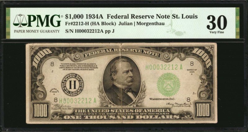 Fr. 2212-H. 1934A $1000 Federal Reserve Note. St. Louis. PMG Very Fine 30.

A ...