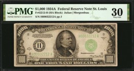 Fr. 2212-H. 1934A $1000 Federal Reserve Note. St. Louis. PMG Very Fine 30.

A Very Fine example of this High Denomination note from the St. Louis di...