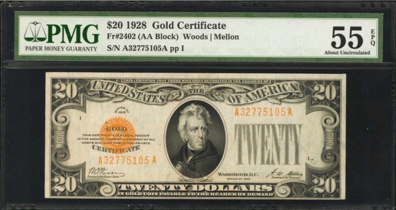 Fr. 2402. 1928 $20 Gold Certificate. PMG About Uncirculated 55 EPQ.

An About ...