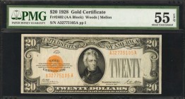 Fr. 2402. 1928 $20 Gold Certificate. PMG About Uncirculated 55 EPQ.

An About Uncirculated example of this Gold Certificate, which displays dark gol...