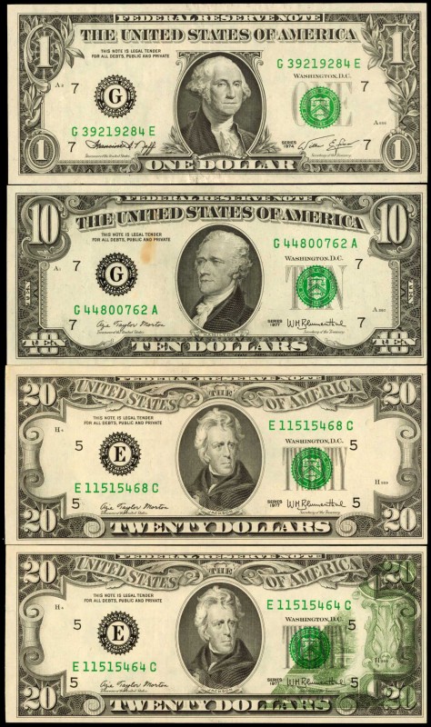 Lot of (4) Federal Reserve Notes. 1974 & 1977 $1, $10, & $20. Very Fine to About...
