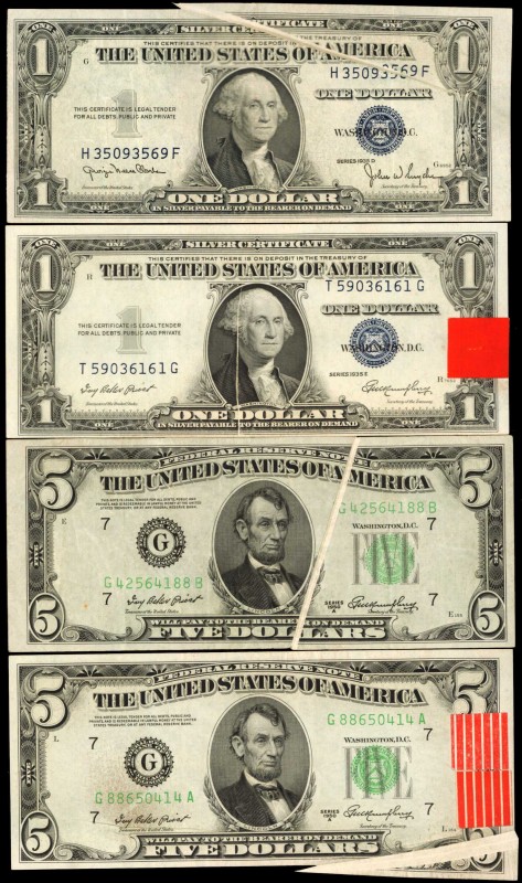 Lot of (4) Silver Certificates & Federal Reserve Notes.1935E to 1950A $1 & $5. V...