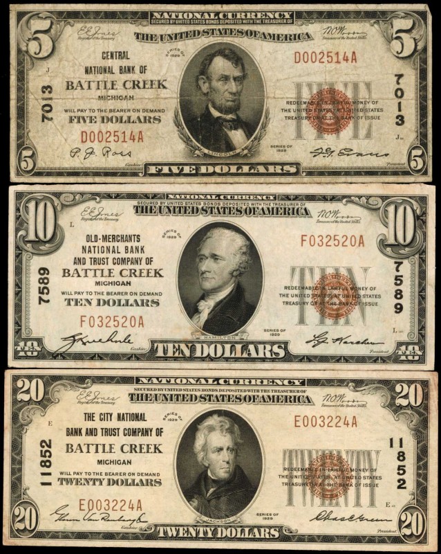 Lot of (3) Battle Creek, Michigan. $5, $10 & $20 1929 Ty. 1. Fr. 1800-1, 1801-1 ...
