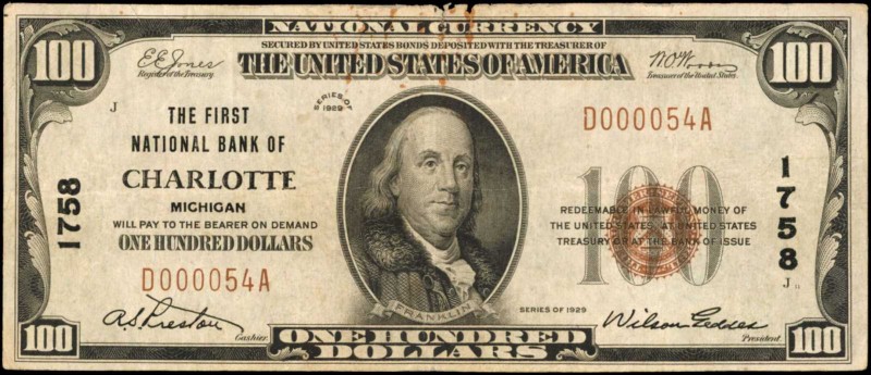 Charlotte, Michigan. $100 1929 Ty. 1. Fr. 1804-1. The First NB. Charter #1758. V...