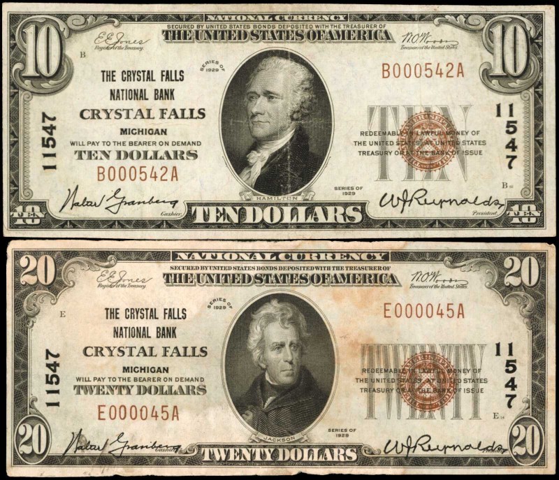 Lot of (2) Crystal Falls, Michigan. $10 & $20 1929 Ty. 1. Fr. 1801-1 & 1802-1. T...
