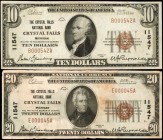 Lot of (2) Crystal Falls, Michigan. $10 & $20 1929 Ty. 1. Fr. 1801-1 & 1802-1. The Crystal Falls NB. Charter #11547. Very Fine.

Included in this lo...