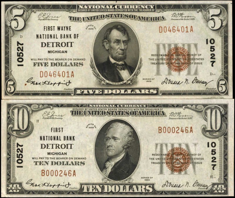 Lot of (2) Detroit, Michigan. $5 & $10 1929 Ty. 1. Fr. 1800-1 & 1801-1. First NB...