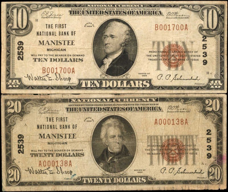Lot of (2). Manistee, Michigan. $10 & $20 1929 Ty. 1. Fr. 1801-1 & 1802-1. The F...