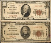 Lot of (2). Manistee, Michigan. $10 & $20 1929 Ty. 1. Fr. 1801-1 & 1802-1. The First NB. Charter #2539. Fine to Very Fine.

A duo of notes from the ...