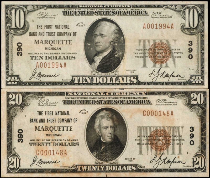 Lot of (2) Marquette, Michigan. $10 & $20 1929 Ty. 1. Fr. 1801-1 & 1802-1. The F...