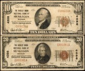 Lot of (2) Muskegon, Michigan. $10 & $20 1929 Ty. 1. Fr. 1801-1 & 1802-1. The Hackley Union NB. Charter #4398. Fine.

A duo of $10 & $20 notes from ...