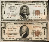 Lot of (2) Norway, Michigan. $5 & $10 1929 Ty. 1. Fr. 1800-1 & 1801-1. The First NB. Charter #6863. Fine & About Uncirculated.

Bright paper with sl...